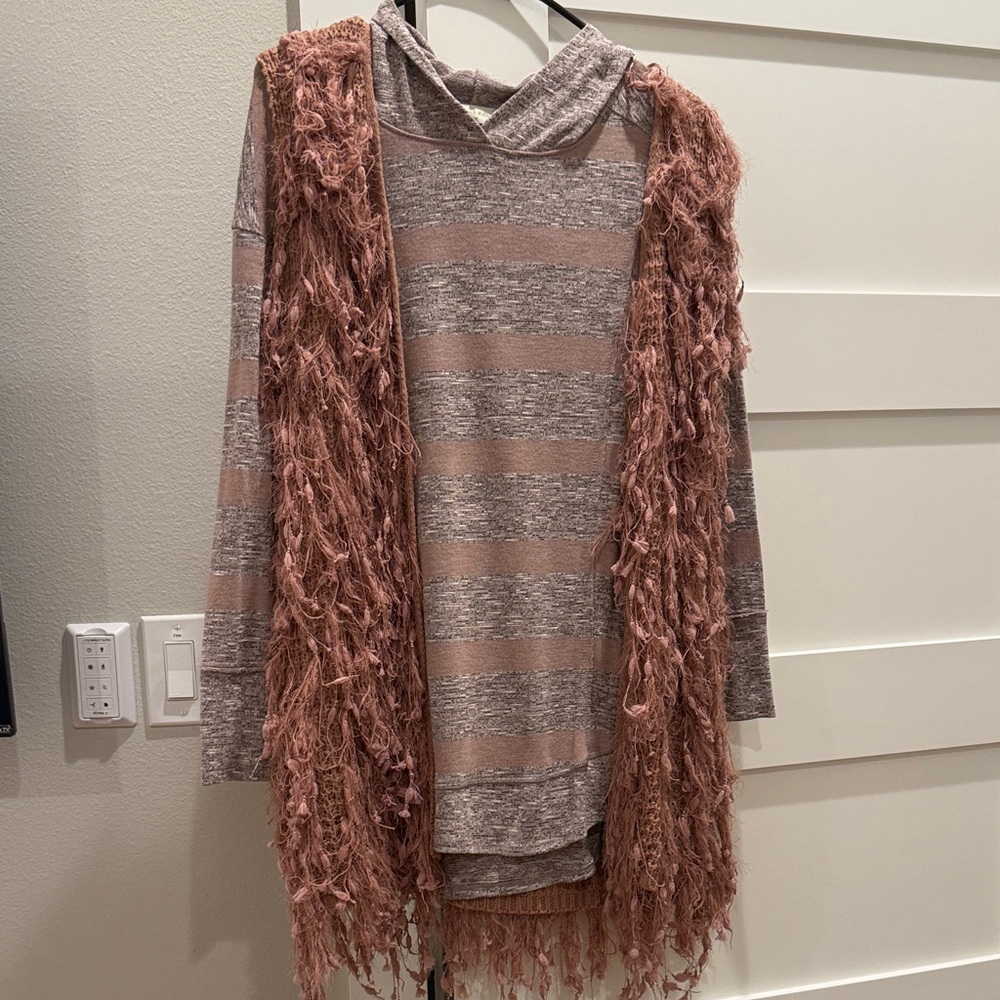 Altar’d State Women's Striped Hooded Sweater with Fringe Vest